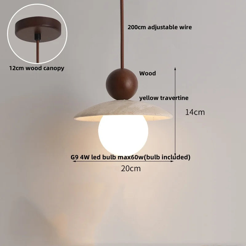 DecorBites™ LED Pendant Light Fixture Modern Wood Canopy Yellow Travertine Luminaire