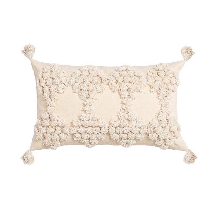 DecorBites™ Boho Tufted Beige White Tassel Pillow Cover Home Decor Square Beaded Case