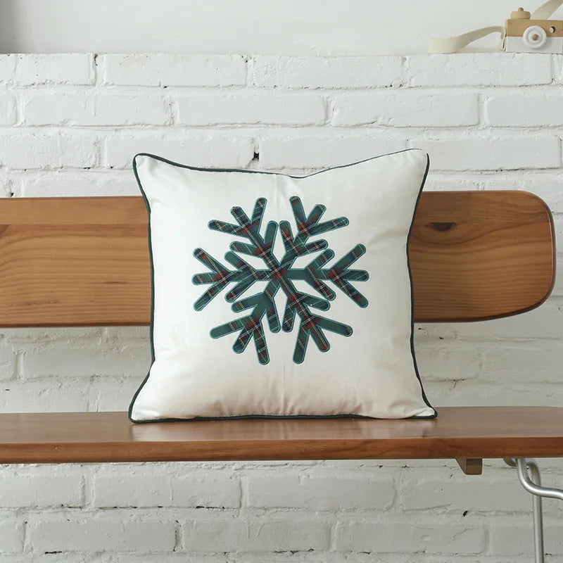 DecorBites™ Christmas Plaid Cotton Canvas Cushion Cover with Snowflake Embroidery