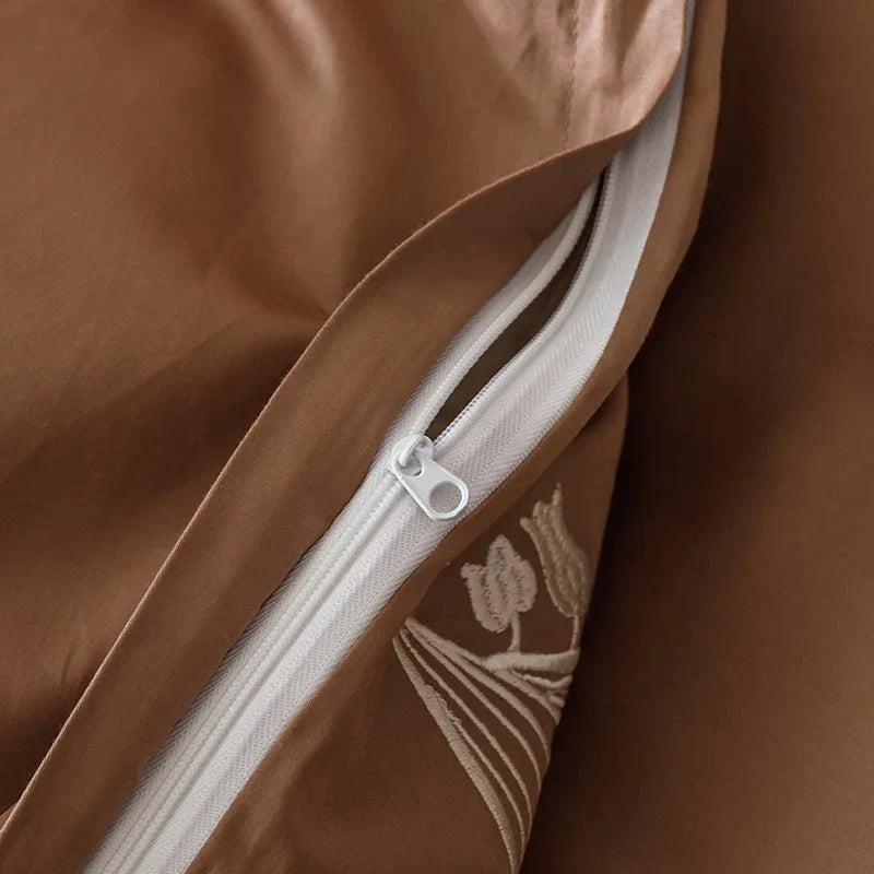 DecorBites™ Elegant Lily of the Valley Embroidery Brown Cotton Bedding Set