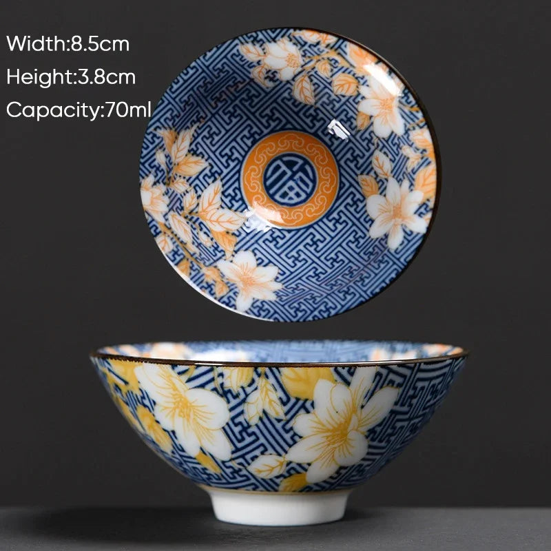 DecorBites™ Blue & White Ceramic Kung Fu Tea Cup - Japanese Style Porcelain Sake Cups