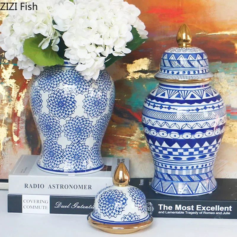 DecorBites™ Blue & White Porcelain Ginger Jar: Retro Tea Caddy Vase Desk Decoration