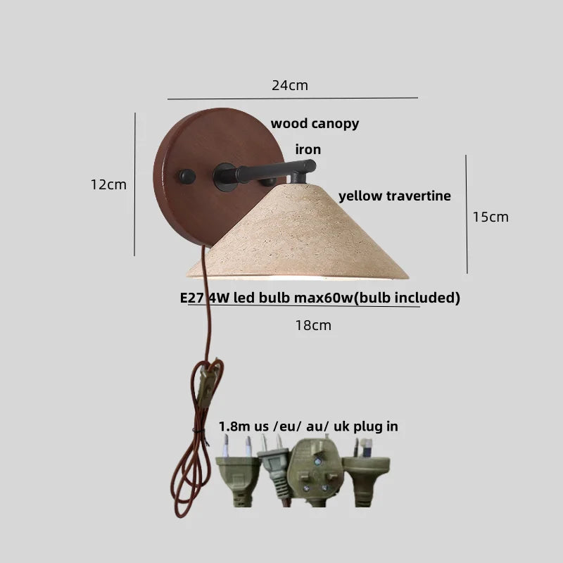 DecorBites™ LED Yellow Travertine Wall Light with Wood Pull Chain Switch and Iron Frame