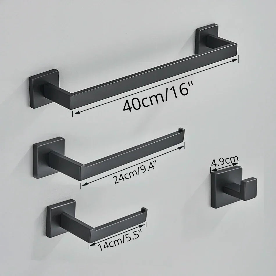 DecorBites™ Black Bathroom Accessories Set: Robe Hook, Towel Rail, Shelf, Paper Holder