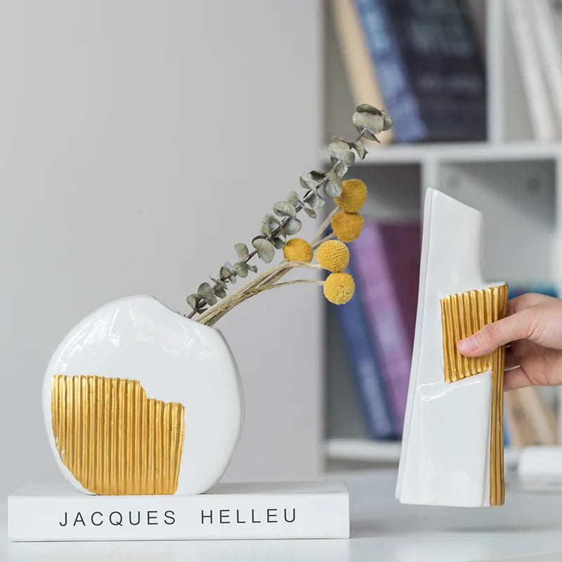 DecorBites™ Geometric Gold Striped Ceramic Vase for Flowers & Hydroponics