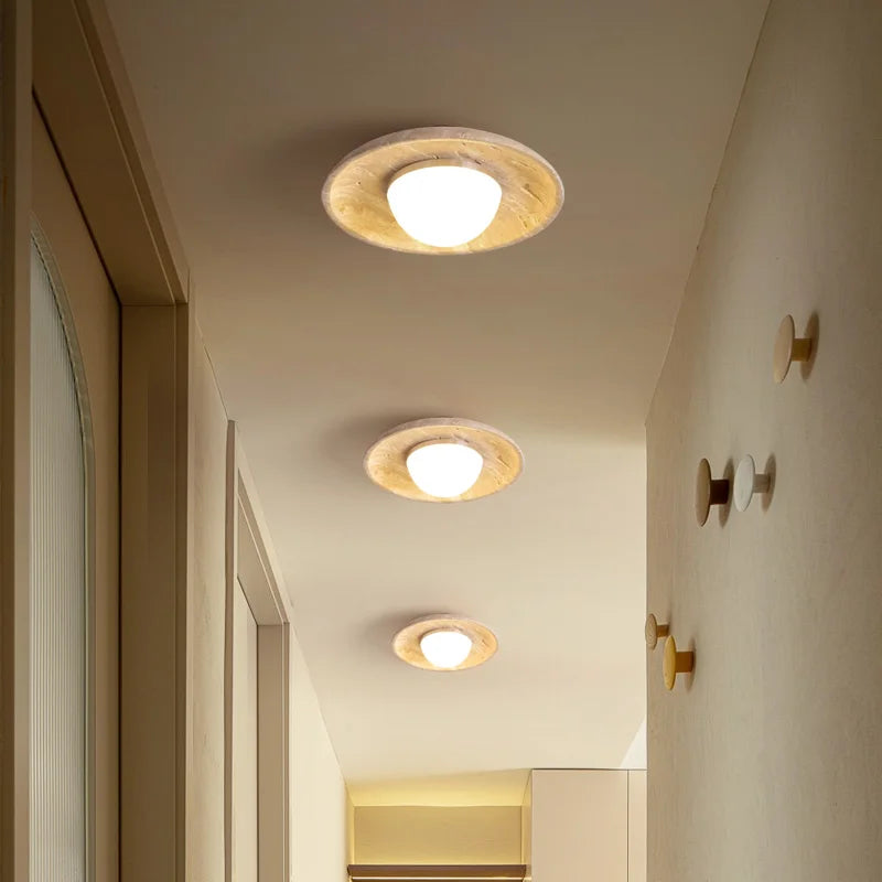 DecorBites™ Acrylic LED Ceiling Lamp Yellow Travertine Wood Canopy Wabi Sabi Style