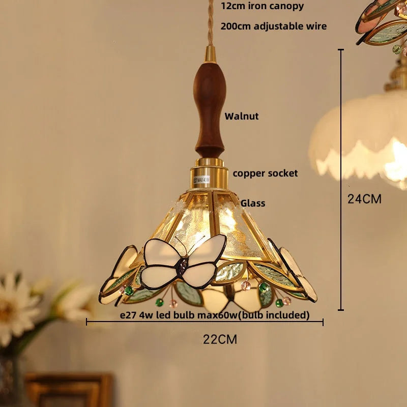 DecorBites™ Butterfly Pink LED Pendant Lamp Walnut Wood Glass Nordic Modern Home Decor