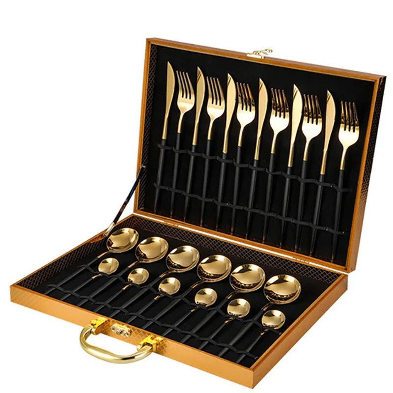 DecorBites™ 24-Piece Gold Stainless Steel Cutlery Set - Elegant Tableware Gift Box