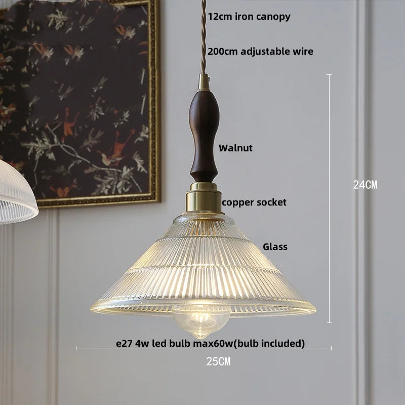 DecorBites™ Amber Glass LED Pendant Lamp Walnut Wood Copper Hanging Light
