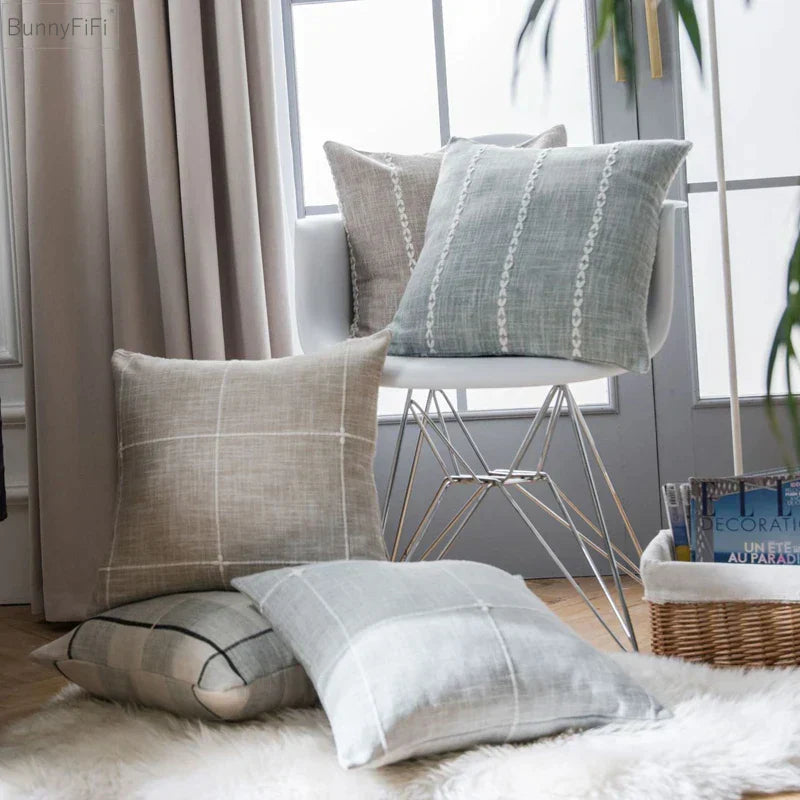 DecorBites™ Brown Grey Stripe Embroidery Cushion Cover Set, Cotton Linen, 45x45cm 60x60cm Home Decor