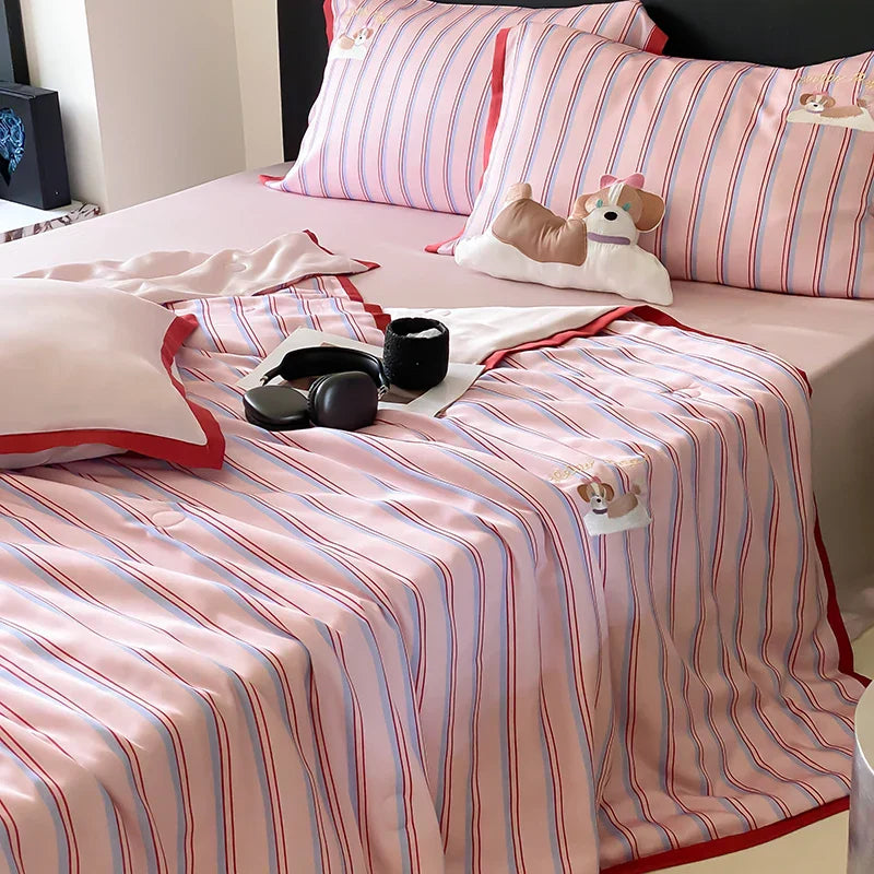 DecorBites™ Cool Lyocell Fiber Striped Summer Blanket Set with Pillowcase