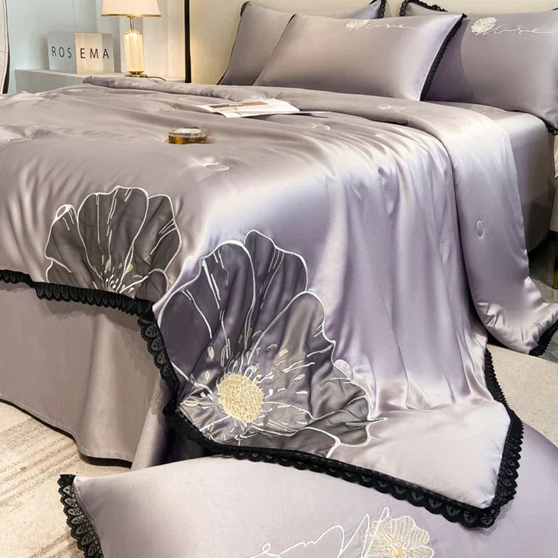 DecorBites™ Luxe Flower Embroidered Cool Quilt Set - Lightweight, Silky, High-End Comfort