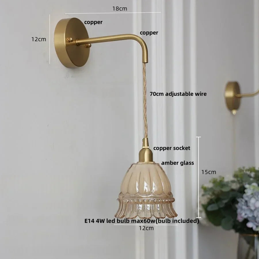 DecorBites™ Amber Glass LED Wall Light Pull Chain Switch Modern Flower Sconce