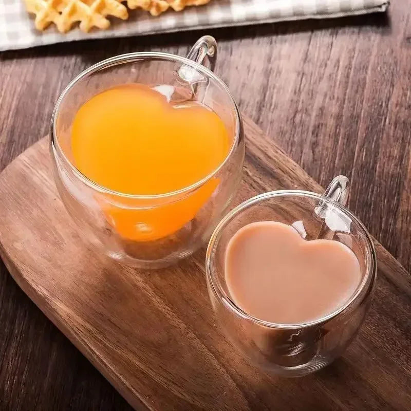 DecorBites™ Heart Love Double Wall Glass Mug with Handle for Coffee Tea Milk Juice