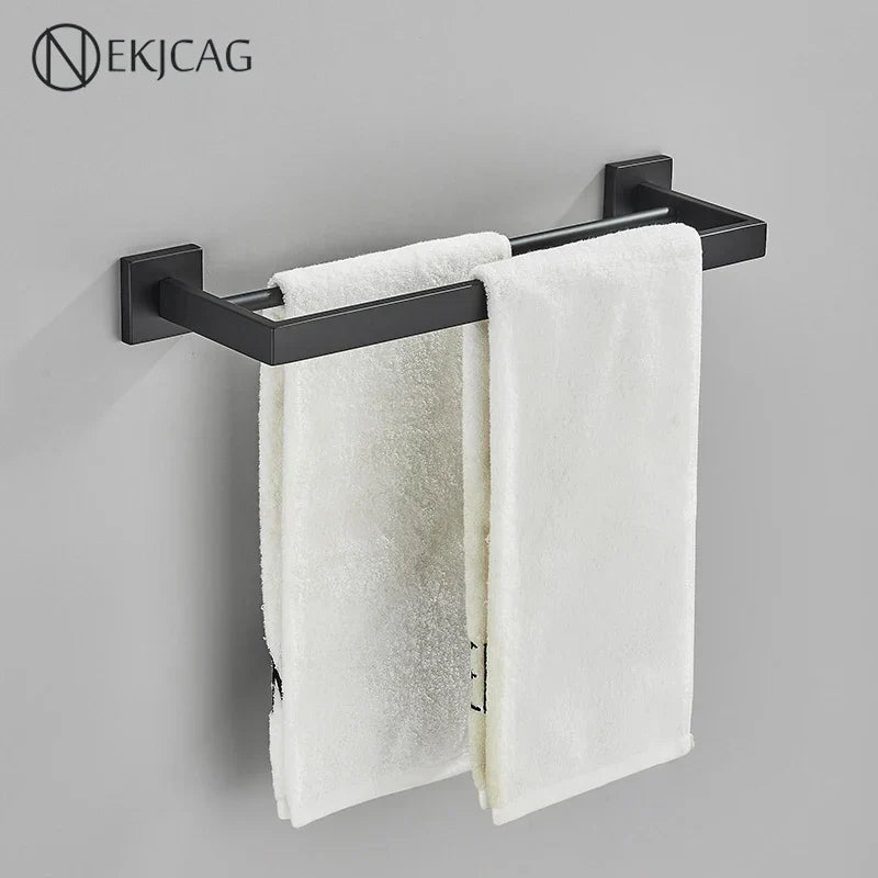 DecorBites™ Black Bathroom Set: Towel Holder, Paper Holder, Gold Rod, Robe Hook - Stainless Steel Accessories