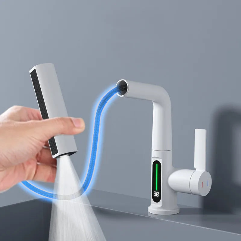 DecorBites™ Digital Display Brass Basin Faucet, Hot Cold Mixer, White Single Lever