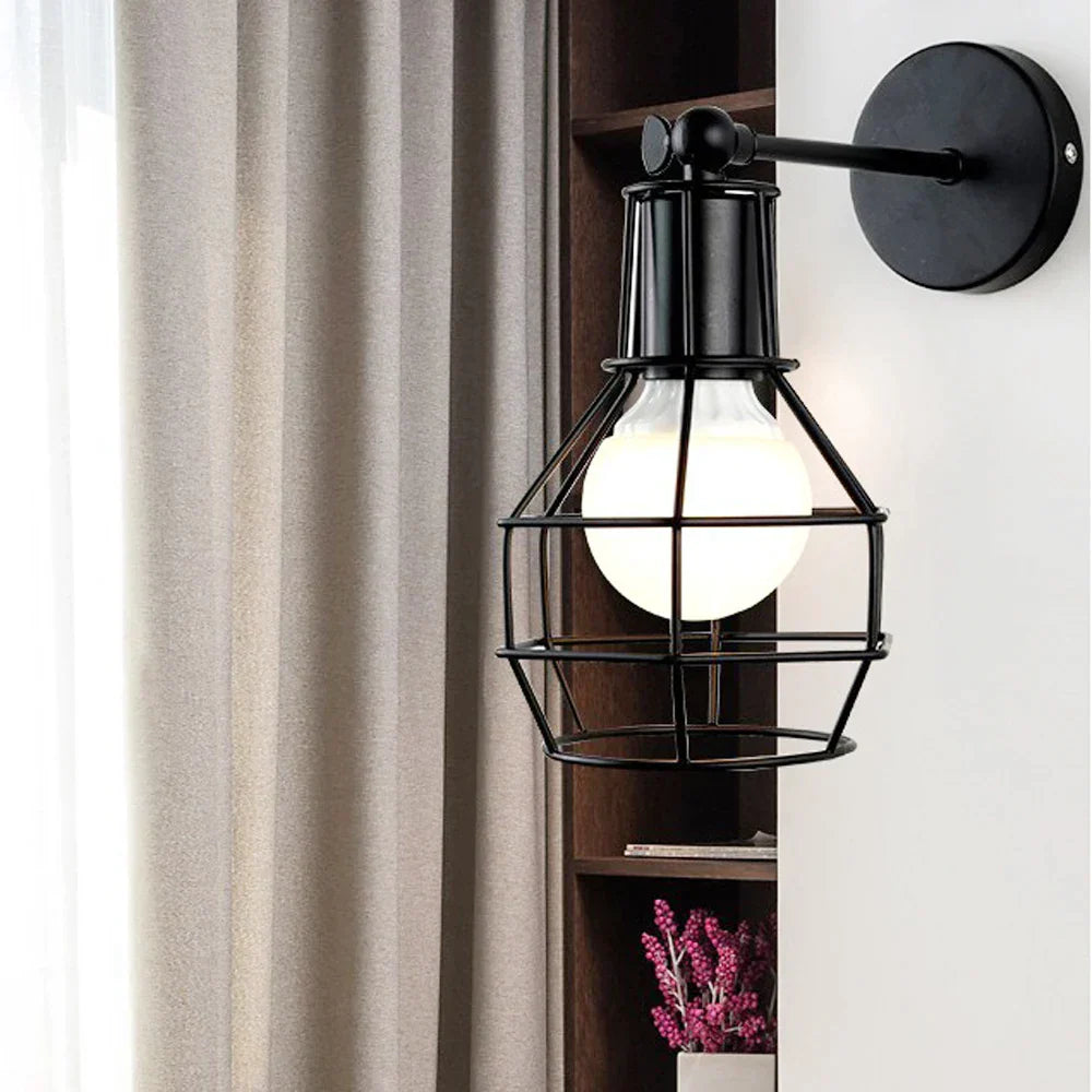 DecorBites™ Black Iron Cage Wall Lamp: Retro Indoor Sconce for Bedroom, Bar, and Reading