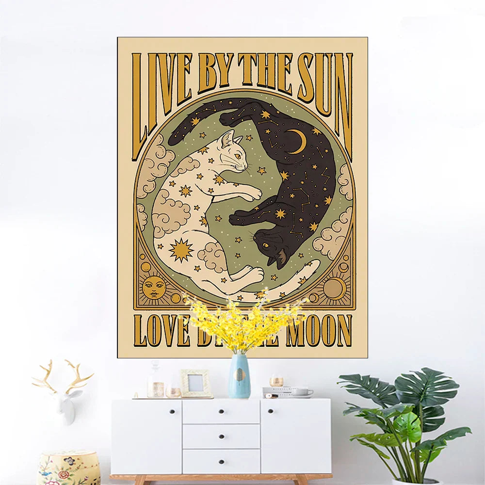 DecorBites™ Cat Tapestry Wall Hanging Tarot Black White Psychedelic Love Star Home Decor