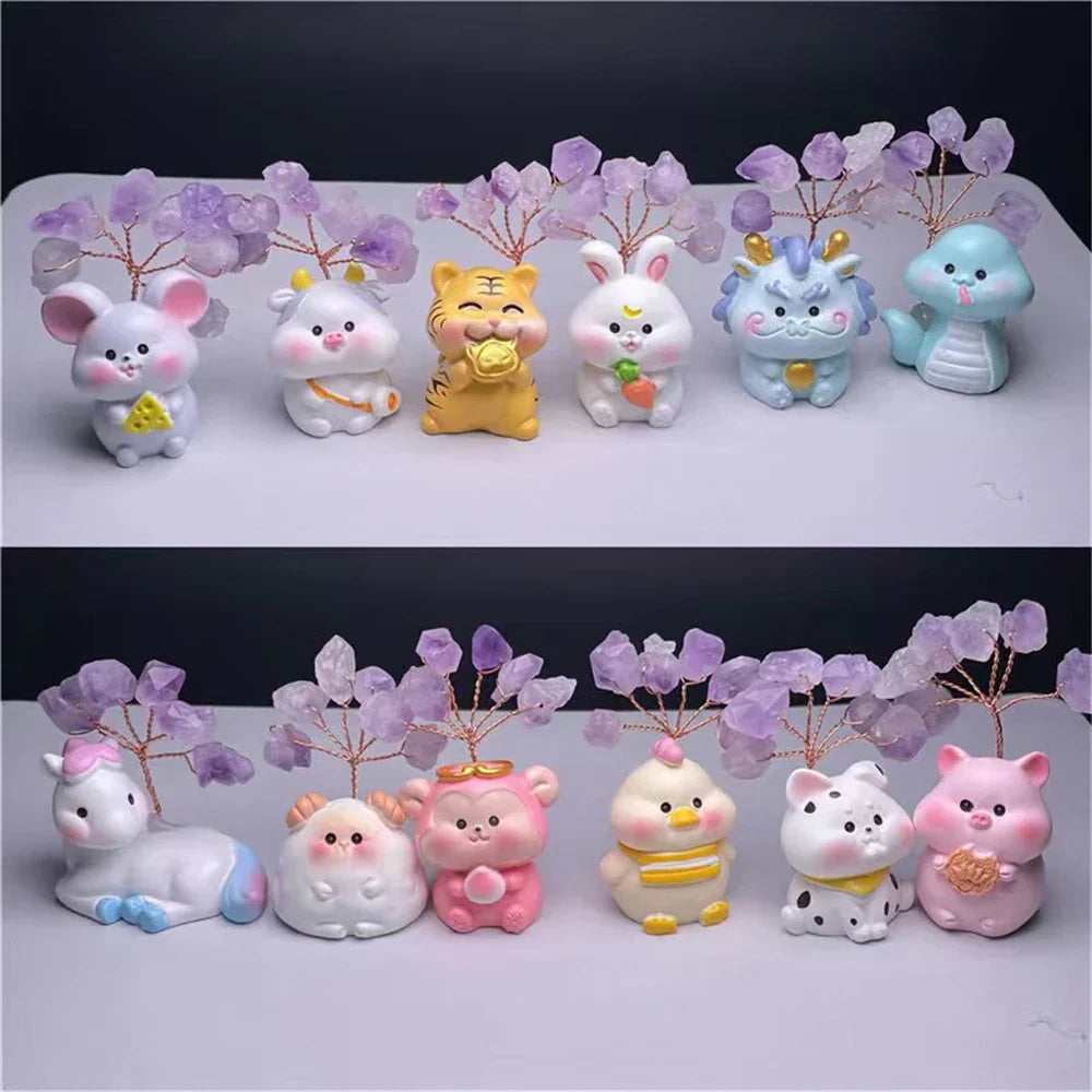 DecorBites™ Chinese Zodiac Amethyst Tree Figurines for Home Decor