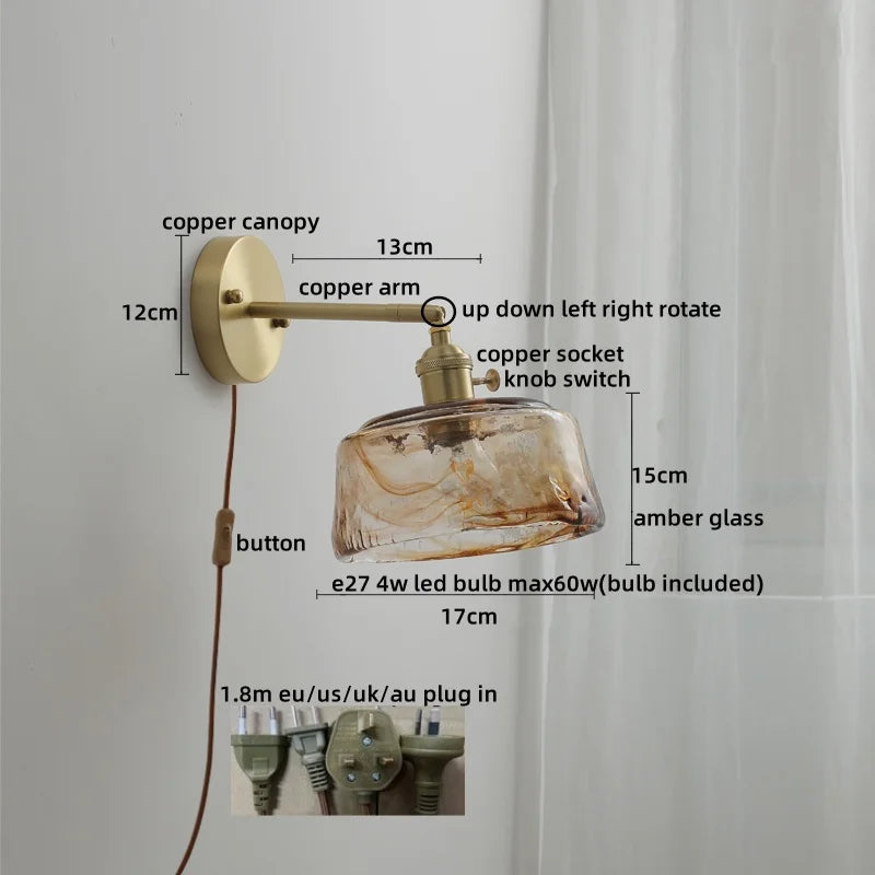 DecorBites™ Glass Copper LED Wall Lamp with Knob Switch for Modern Home Decor