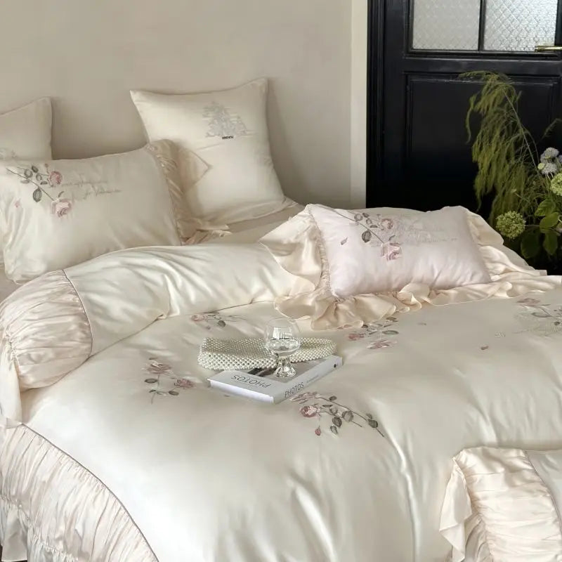 DecorBites™ Embroidered Lace Princess Bedding Set - 4 Piece Cotton Flowers Collection