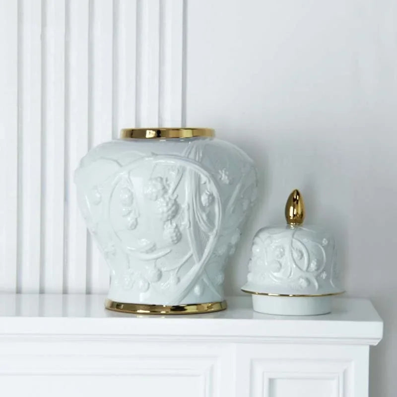 DecorBites™ Embossed Flower Ceramic Ginger Jar Vase - Home Decor Storage Tank