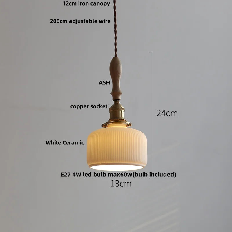DecorBites™ Adjustable LED Pendant Lights Ash Wood White Ceramic Modern Hanging Lamp