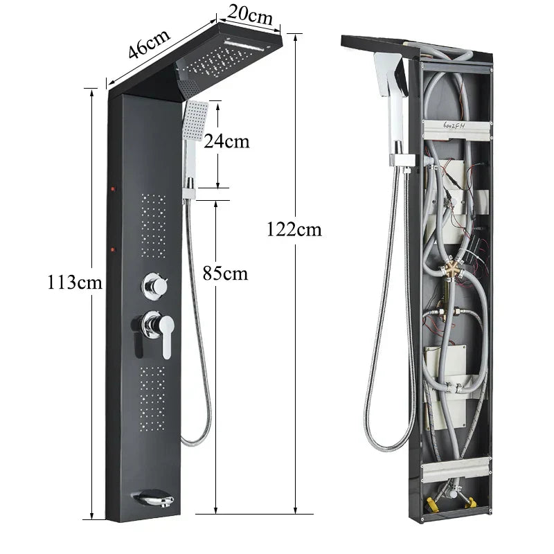 DecorBites™ Black LED Shower Faucet Panel with Waterfall Rain System & Massage Spa Spout