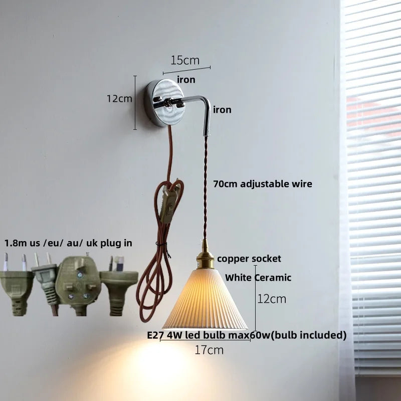 DecorBites™ Ceramic LED Wall Sconce Pull Chain Switch Bedside Lamp White Nordic Modern Fixtures
