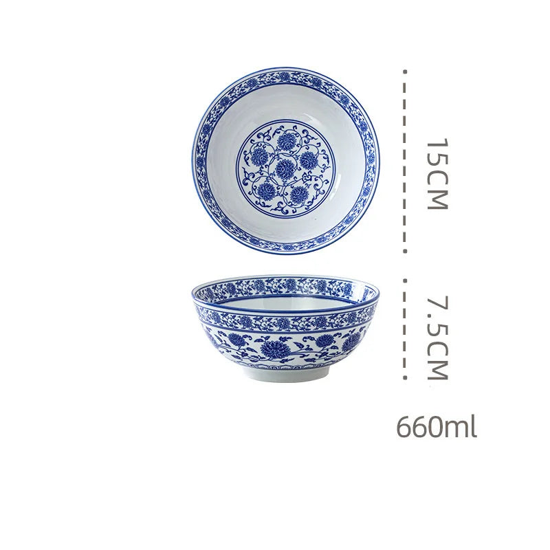 DecorBites™ Blue and White Retro Ceramic Soup Noodle Bowl