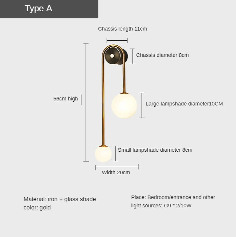 DecorBites™ Glass Ball LED Wall Lamp in Gold Iron for Modern Bedroom and Study Lighting