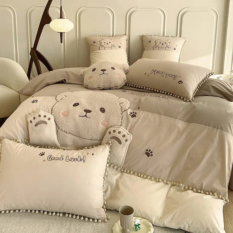 DecorBites™ Cartoon Bear Applique 100% Cotton Child Bedding Set - Single Quilt Cover