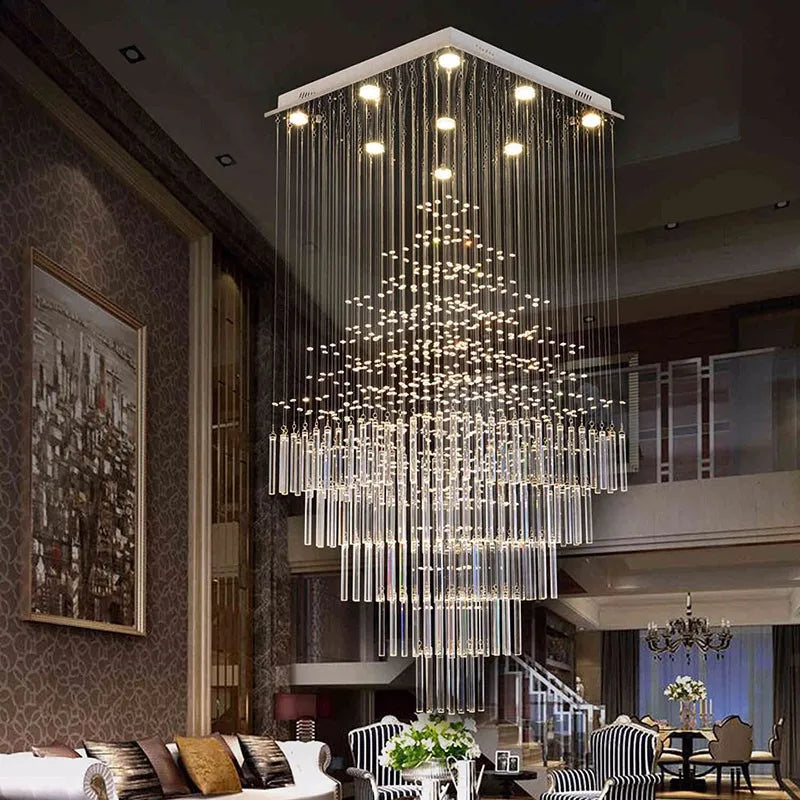 DecorBites™ Columnar Crystal Chandelier with Square Base for Living Room, Stair Loft - Modern Hanging Lamp