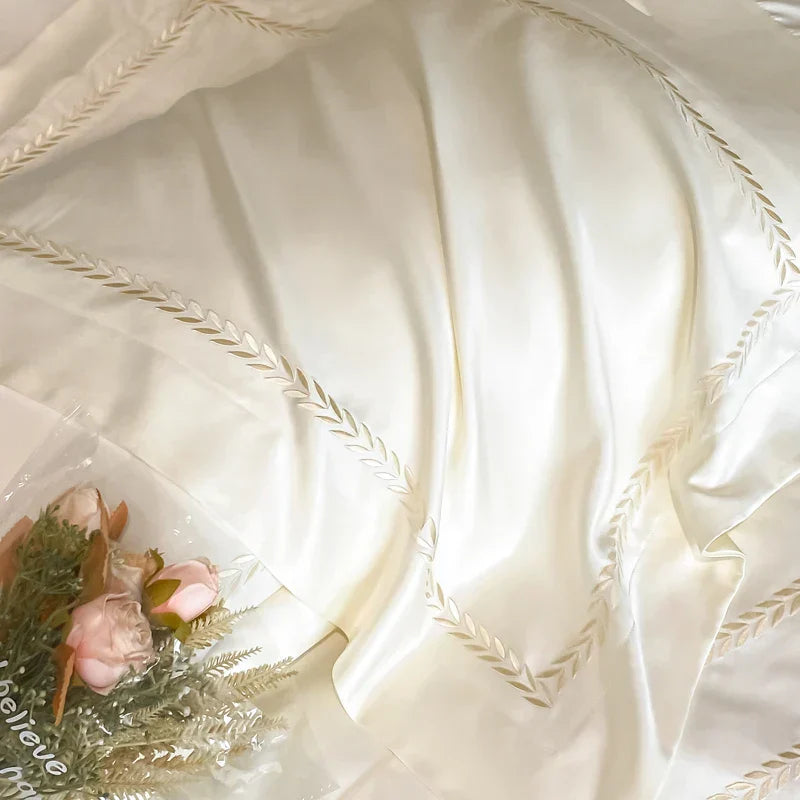 DecorBites™ Embroidered Ice Silk Bedding Set: Soft Duvet Cover, Sheet, Pillowcases 4Pcs
