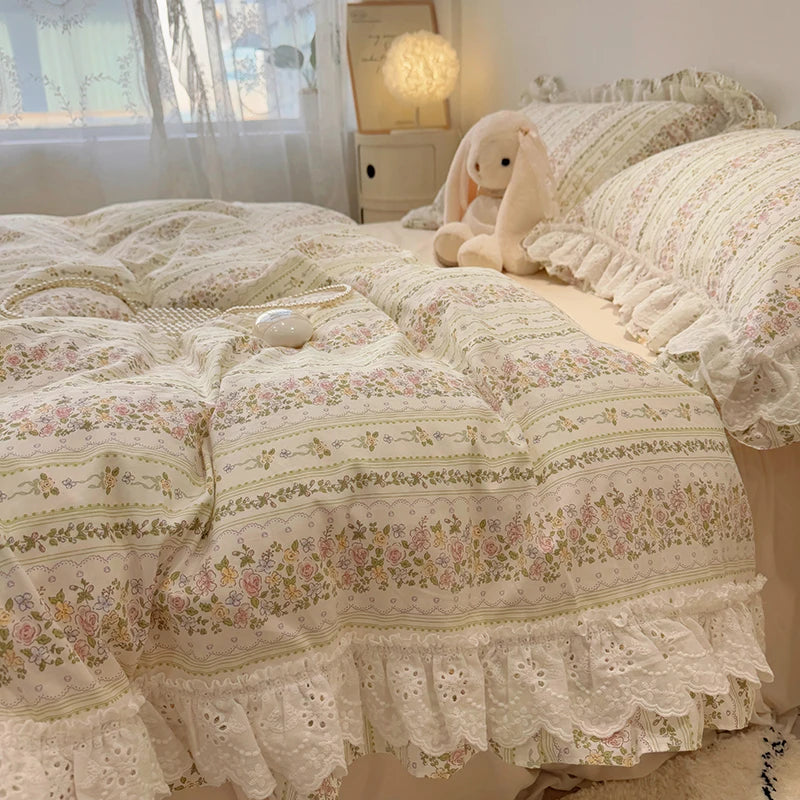 DecorBites™ Korean Princess Style Floral Lace Ruffles Bedding Set with Pillowcase
