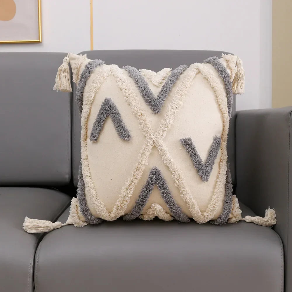 DecorBites™ Boho Loop Pillowcase - Grey Beige Tufted Cushion Cover for Home Decoration