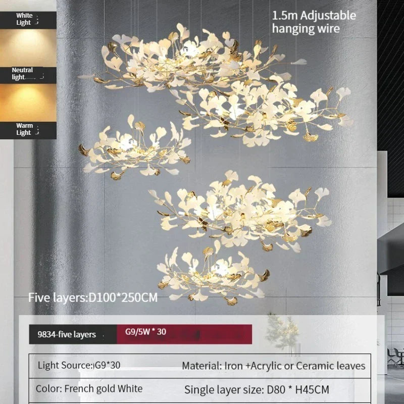 DecorBites™ Ginkgo Leaves Chandelier: Nordic Luxury Pendant Lamp for Hotel, Stairs, Living Room