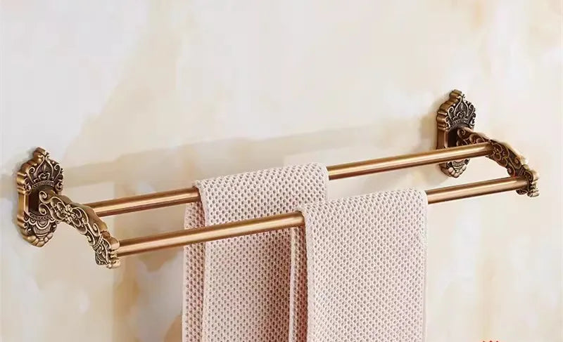 DecorBites™ Bronze Carved Bath Accessories Set: Shelf, Towel Rack, Paper Holder, Toilet Brush Holder