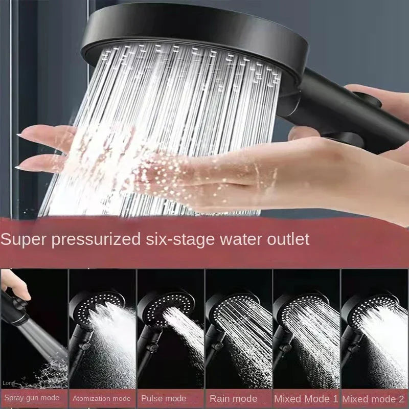 DecorBites™ Black Round Shower Head 6 Modes High Pressure Hand-held Knobs Water Stop