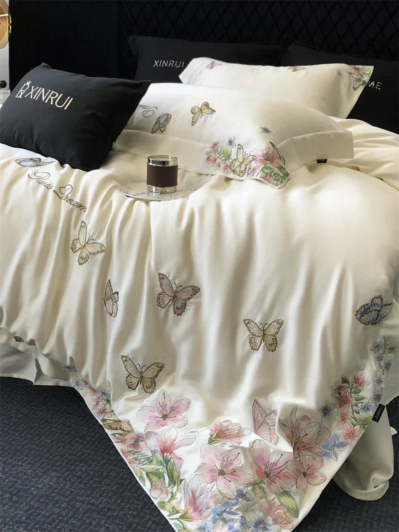 DecorBites™ Butterfly Flowers Embroidery Bedding Set: Silky Soft Eucalyptus Fiber Duvet Cover