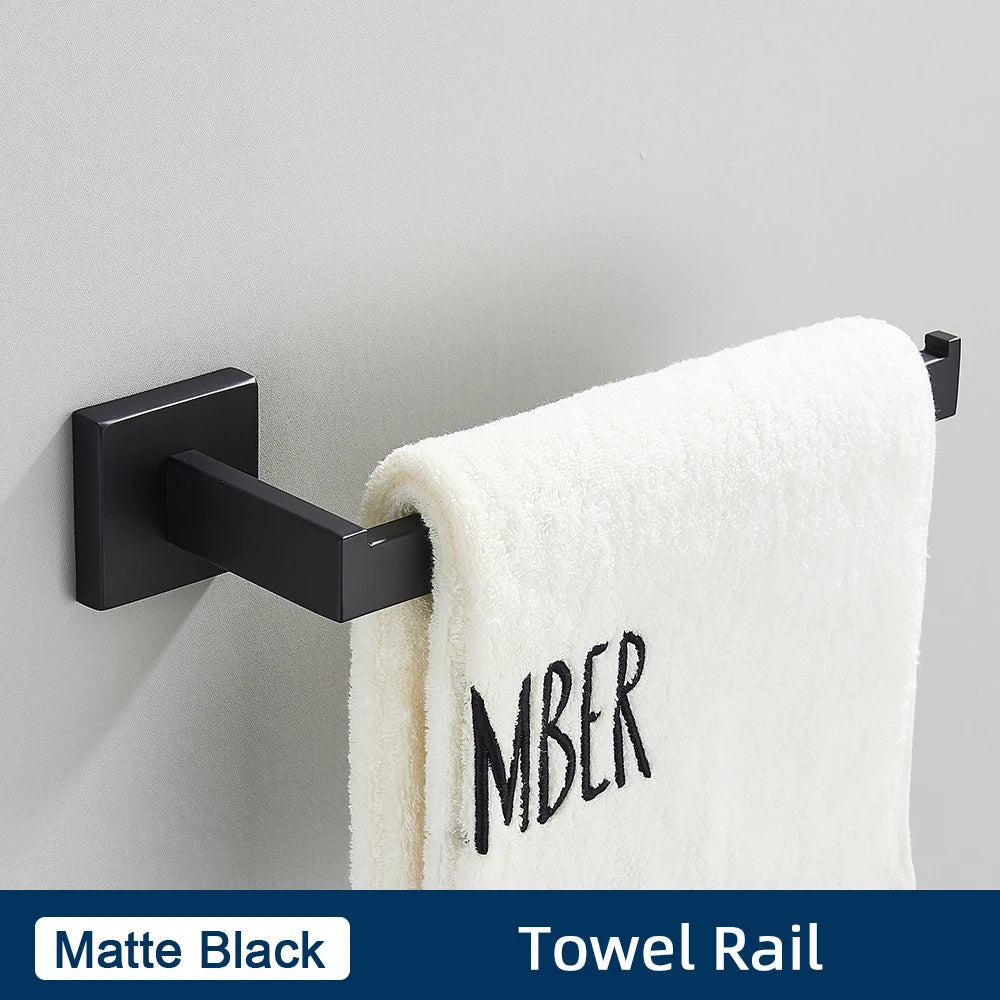 DecorBites™ Black Stainless Steel Bathroom Accessories Set: Towel Bar, Paper Holder, Hook & Bath Rack