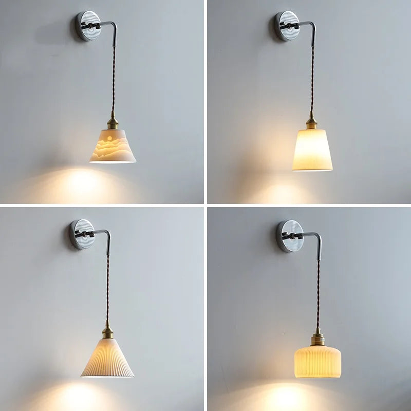 DecorBites™ Ceramic LED Wall Sconce Pull Chain Switch Bedside Lamp White Nordic Modern Fixtures