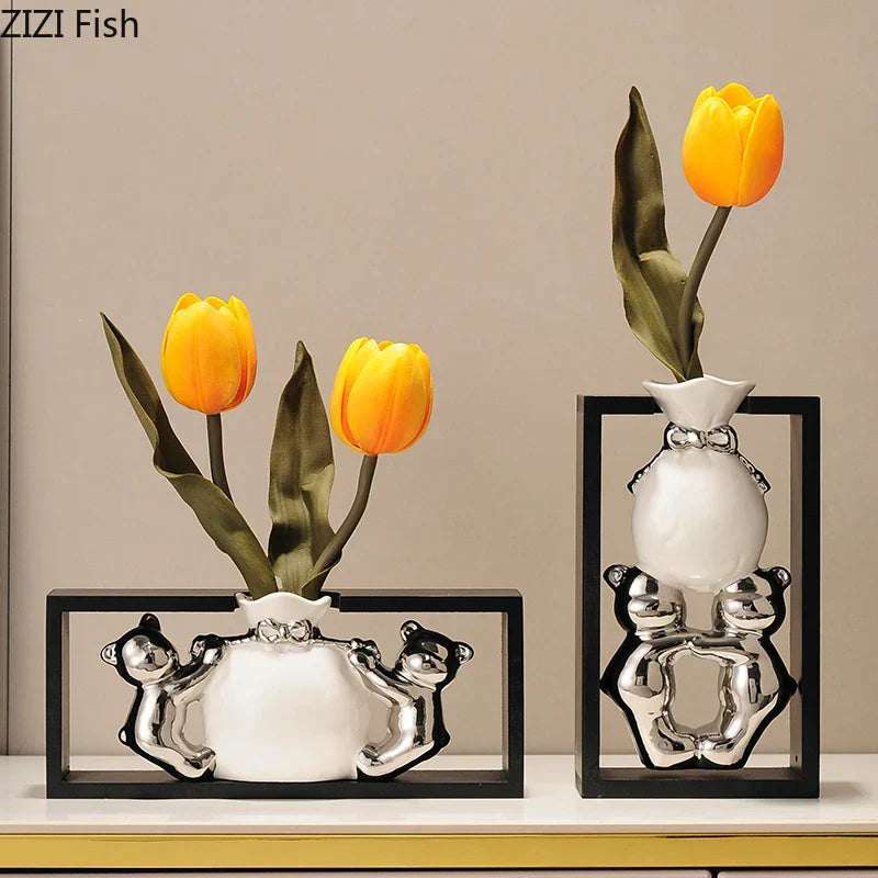 DecorBites™ Elegant Square Ceramic Vase with Artificial Flowers for Desk Decoration