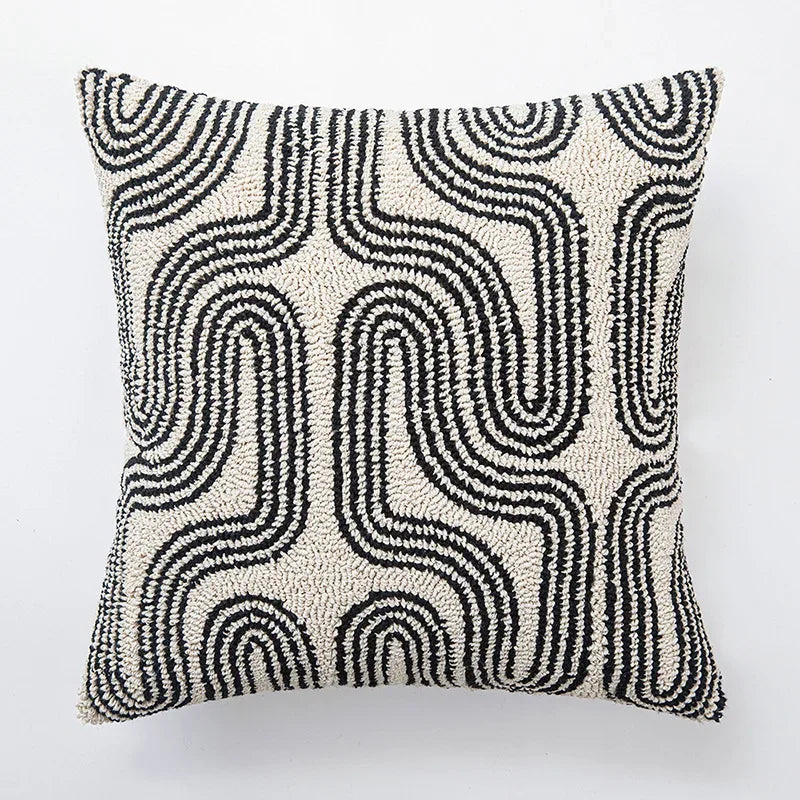 DecorBites™ Geometric Embroidered Cushion Cover in Modern Beige and Black