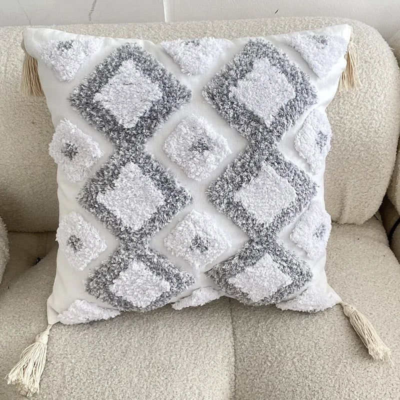 DecorBites™ Geometric Tufted Tassel Cushion Cover Cotton Canvas Fall Pillow Cover