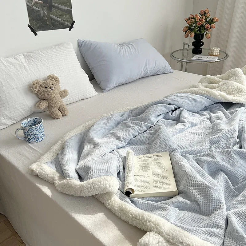 DecorBites™ Camellia Jacquard Lamb Wool Blanket - Double-Layer Cozy Quilt