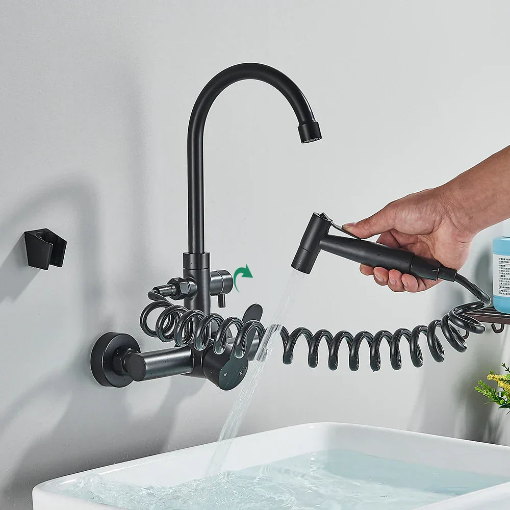 DecorBites™ Black SUS 304 Wall Mounted Gourmet Kitchen Faucet with Extendable Bidet