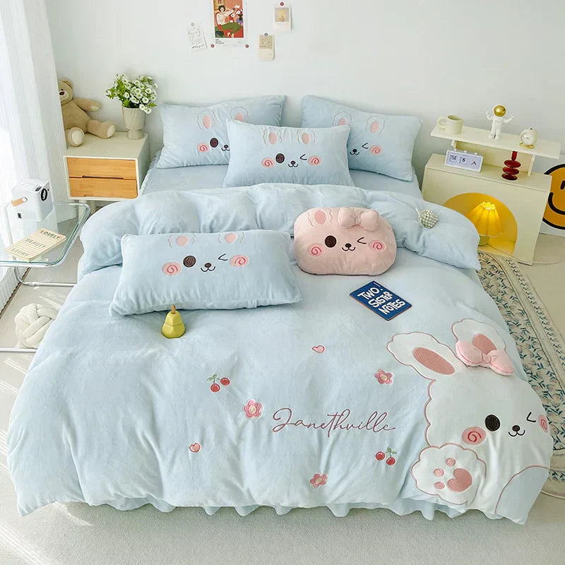 DecorBites™ Cartoon Rabbit Applique Embroidery Bedding Set with Velvet Fleece for Cozy Comfort