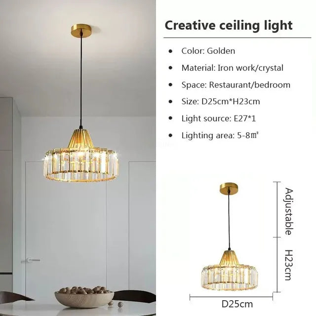 DecorBites™ Crystal LED Pendant Light: Retro Gold Lampshade for Living Room, Bedroom, Dining Room