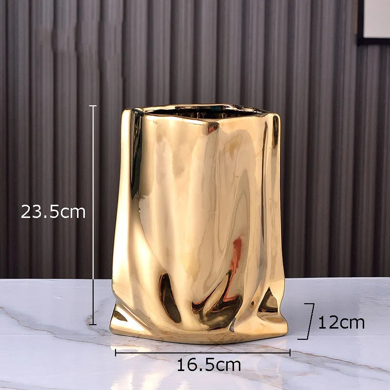 DecorBites™ Gold Plated Pleated Texture Ceramic Vase for Desk Decor and Flower Arrangements